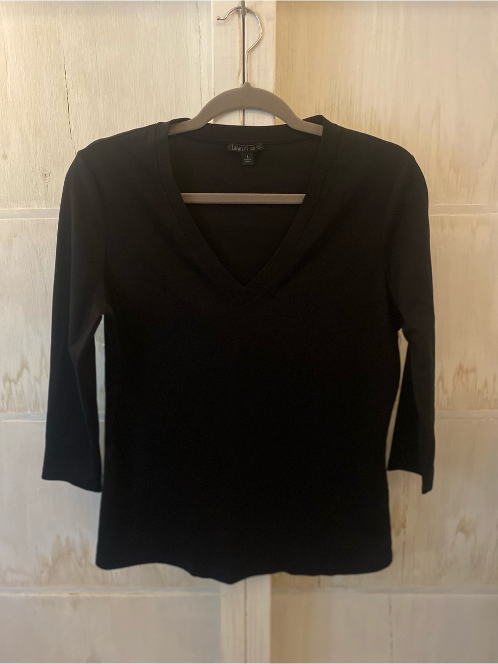 Lafayette 148 New York Black V-Neck 3/4 Sleeve Tee